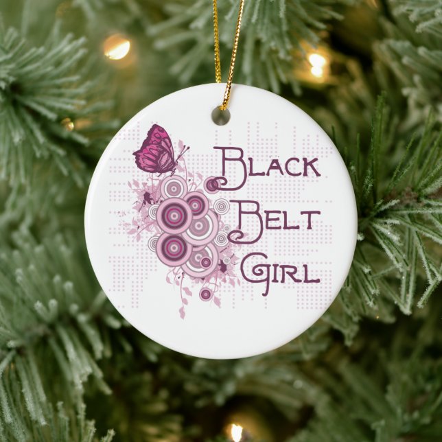 Martial Arts Black Belt Girl Pink Butterflies Ceramic Ornament (Tree)