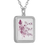 Martial Arts Black Belt Girl Pink Butterfly Silver Plated Necklace (Front Left)
