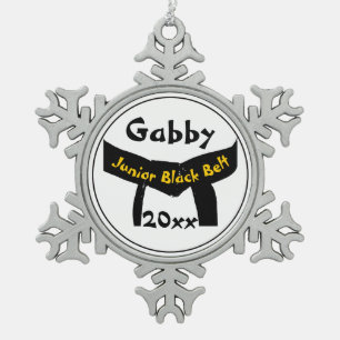 Martial Arts Junior Black Belt Dated Snowflake Pewter Christmas Ornament