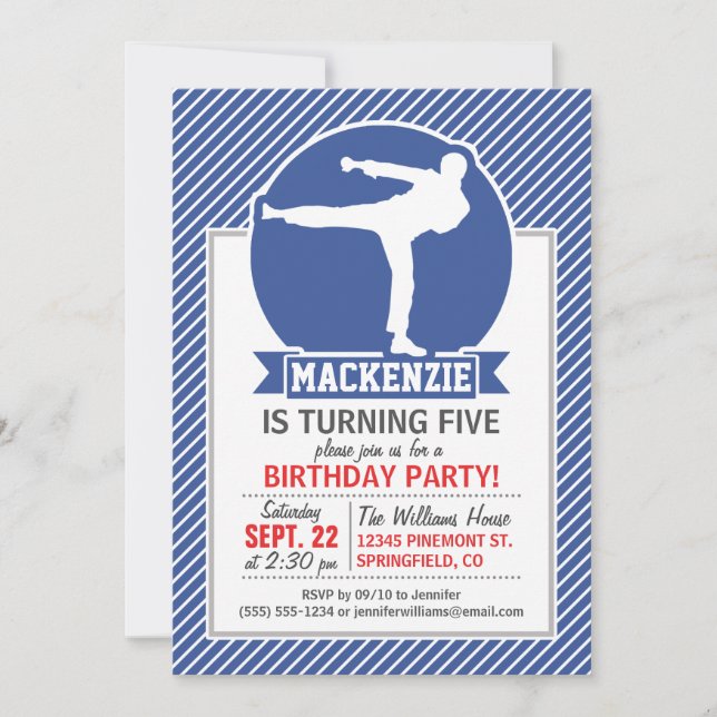 Martial Arts, Karate, Blue & White Stripes Invitation (Front)