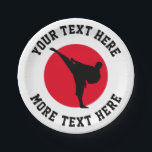 Martial arts kid's karate Birthday party plates<br><div class="desc">Martial arts kid's karate Birthday party plates. Paper party supplies for themed Birthday party. Disposable fun dinner party supplies printed for children, instructor, teacher, sports club etc. Personalised text and customisable background colour. Add personalised name, school name, funny quote, slogan or monogram. Red hot rising sun with silhouette of fighter....</div>