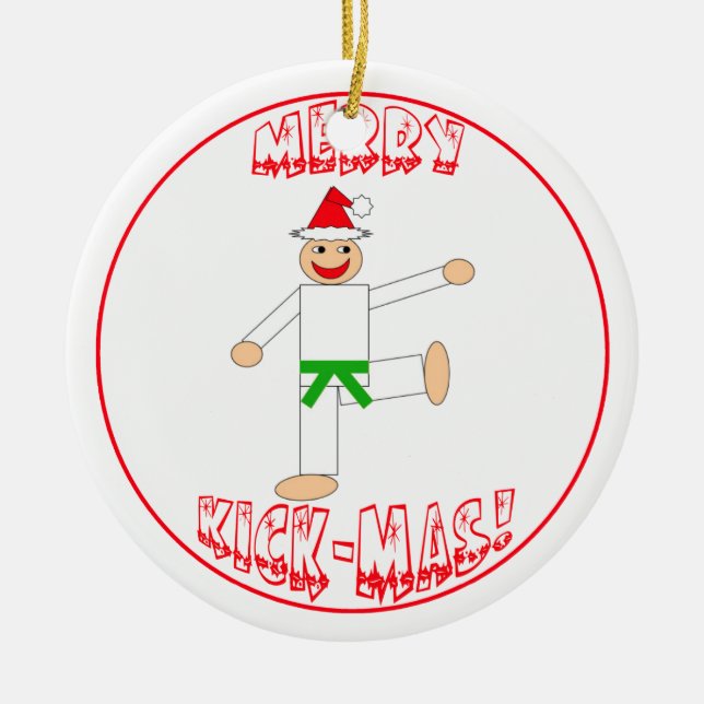Martial Arts Merry Kick Mas Green Belt Ceramic Ornament (Front)