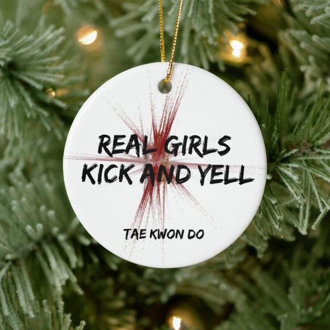 Martial Arts Real Girls Kick and Yell Taekwondo Ceramic Ornament (Tree)