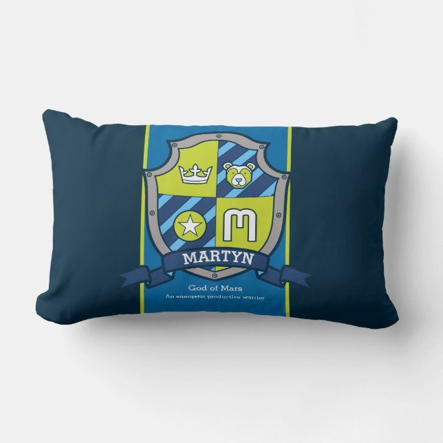 Martin name meaning letter M crest bear blue green Lumbar Cushion (Front)