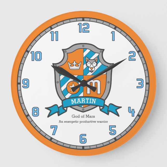 Martin name meaning letter M crest orange Large Clock (Front)