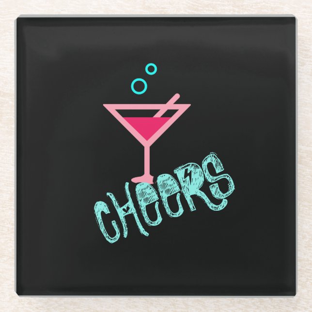 Martini - Alcohol Drink Pop Art, Pink & Turquoise Glass Coaster (Front)