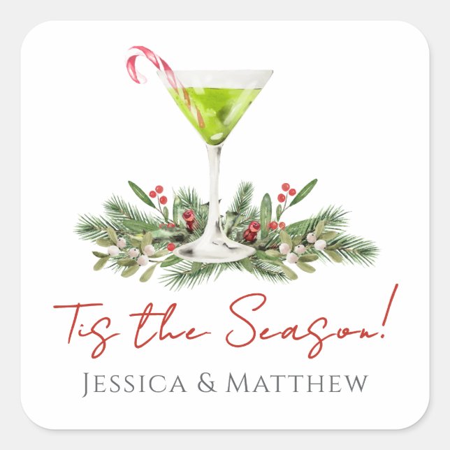 Martini and Mistletoe Candy Cane Cocktail Couples Square Sticker (Front)