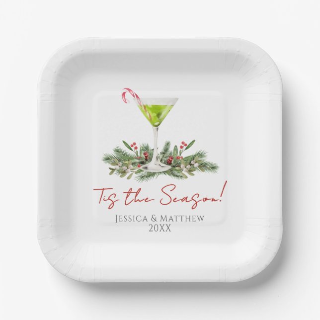 Martini and Mistletoe Holiday Cocktail Party Paper Plate (Front)