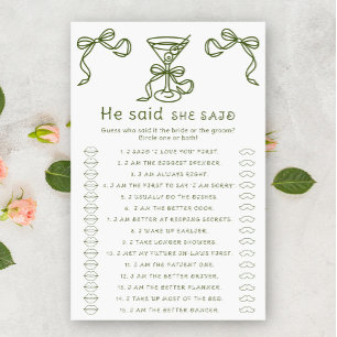 Martini bow bridal shower He said she said game