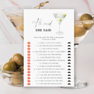 Martini bridal shower He said she said game