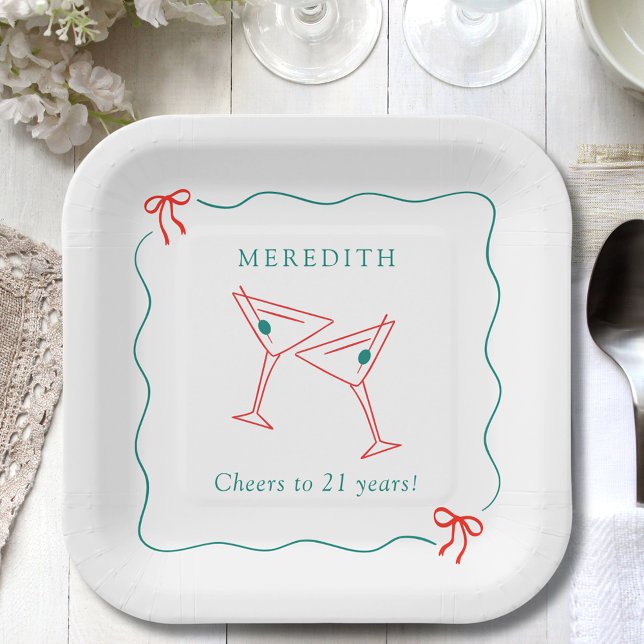 Martini Cheers to 21 Years Birthday Party Paper Plate (Martini Cheers to 21 Years Wavy Doodle Border with Bows Square Paper Plate)