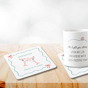 Martini Cheers to 21 Years Birthday Party Square Paper Coaster