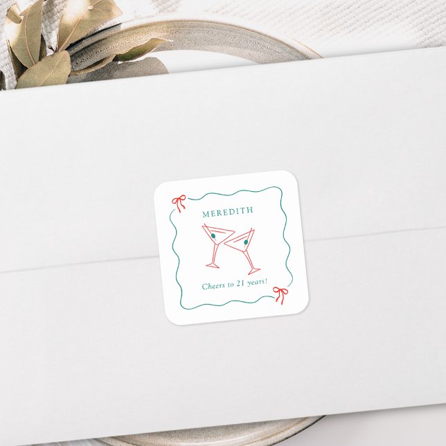 Martini Cheers to 21 Years Birthday Party Square Sticker (Martini Cheers to 21 Years Birthday Party Invitation Square Envelope Seal Stickers)