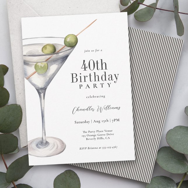Martini Cocktail 40th Birthday Party Invitation (Available as printed or paperless digital download!)