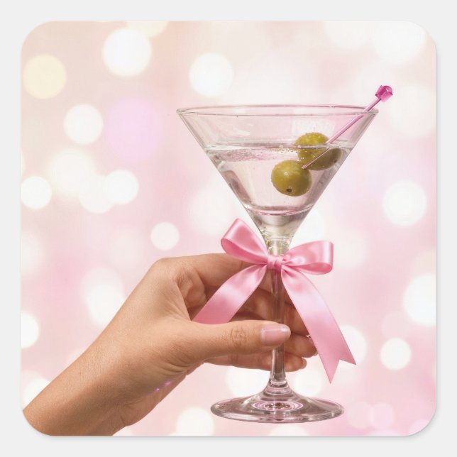 Martini Cocktail with Pink Satin Bow Square Sticker (Front)