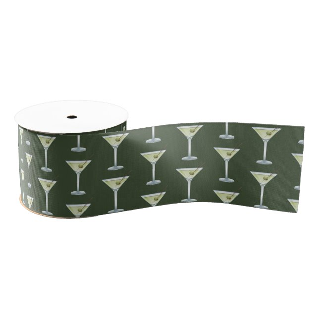 Martini Drinks On Olive Green Background Grosgrain Ribbon (Spool)