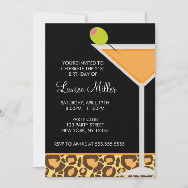 Martini Glass and Leopard Print Invitations (Front)