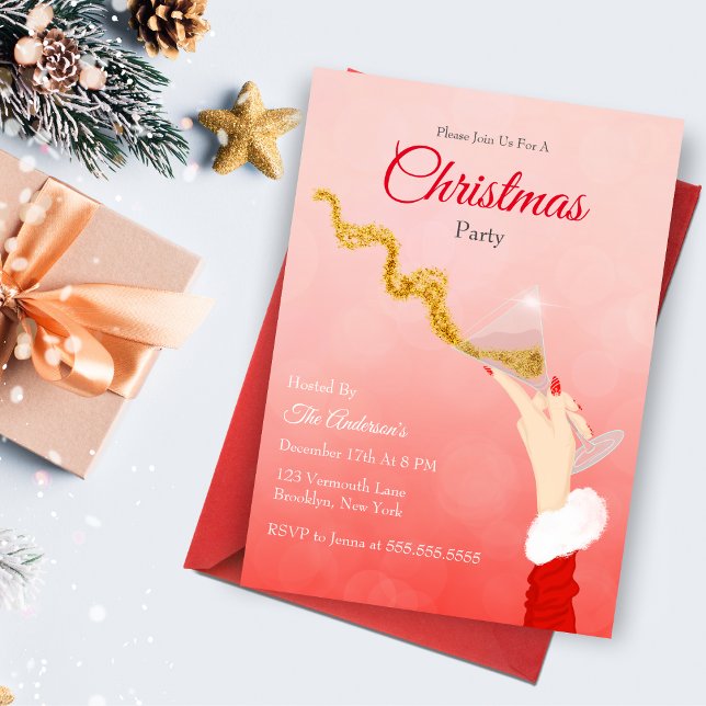 Martini Glass Spilling Christmas Glitter Party Invitation (This exciting glittering Christmas invitation will sure catch your guest attention! )