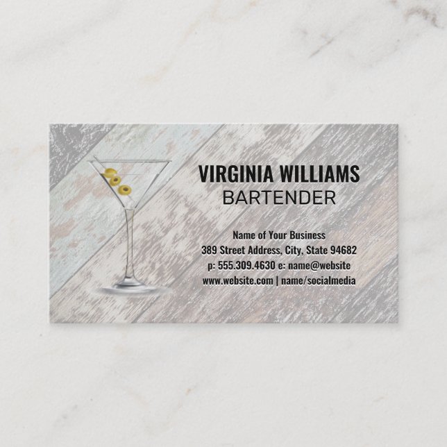 Martini Glass | Wooden Boards Background Business Card (Front)