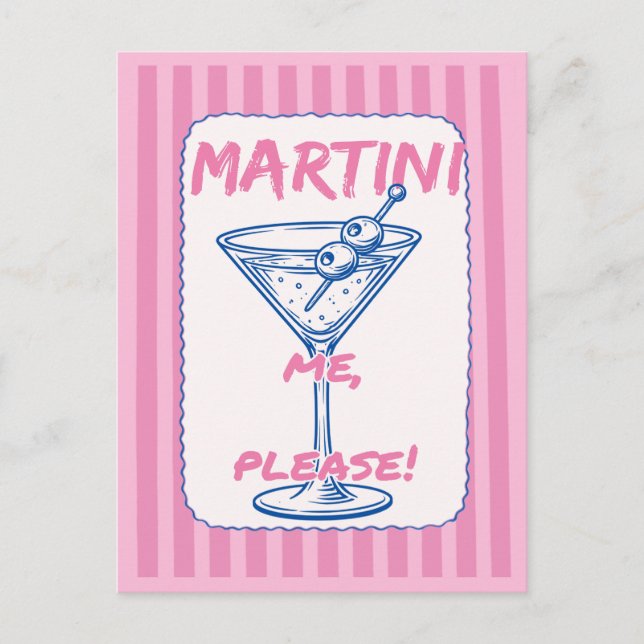 Martini Me Please Retro Cocktail Pink Postcard (Front)
