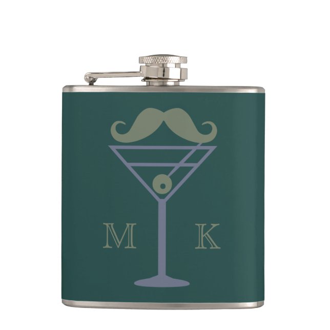 Martini Moustache custom monogram flask (Front)