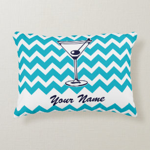 Martini Pictogram with Blue Chevron Pattern Decorative Cushion