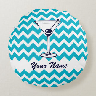 Martini Pictogram with Blue Chevron Pattern Round Cushion