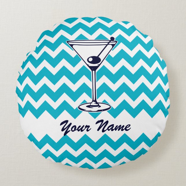 Martini Pictogram with Blue Chevron Pattern Round Cushion (Front)