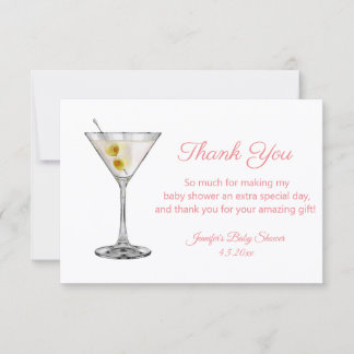 martini pink script girl baby shower thank you card