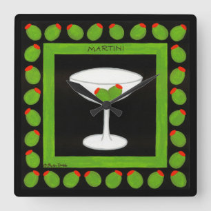 Martini Retro Drink Green Olives on Black Square Wall Clock