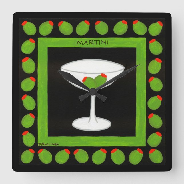 Martini Retro Drink Green Olives on Black Square Wall Clock (Front)