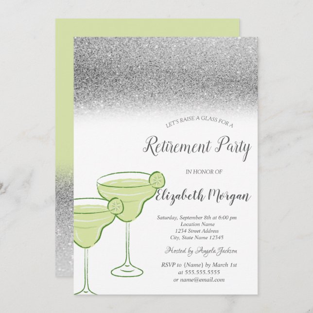 Martini Silver Glitter Bokeh Green Retirement Invitation (Front/Back)