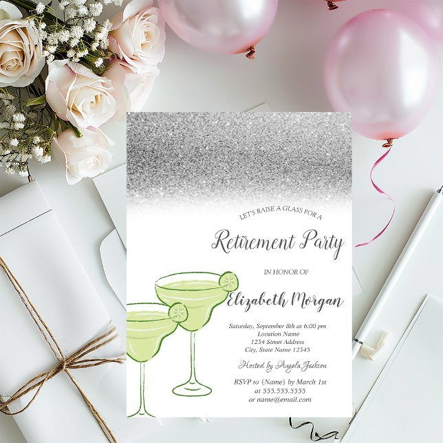 Martini Silver Glitter Bokeh Green Retirement Invitation (Creator Uploaded)