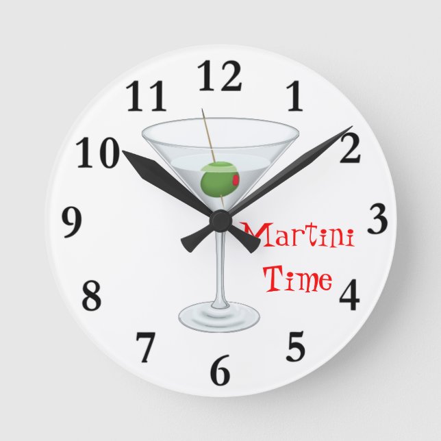 Martini Time Cocktail Glass with Olive Happy Hour Round Clock (Front)