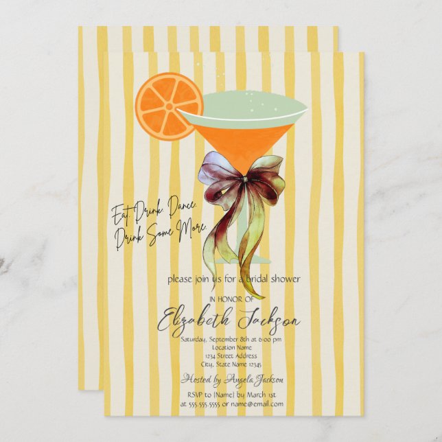 Martini Yellow Stripes Bow Bridal Shower  Invitation (Front/Back)