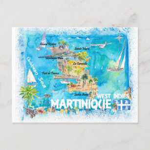 Martinique Antilles Illustrated Caribbean Travel  Postcard