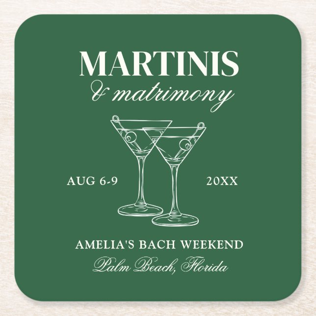 Martinis & Matrimony Bachelorette Weekend Square Paper Coaster (Front)
