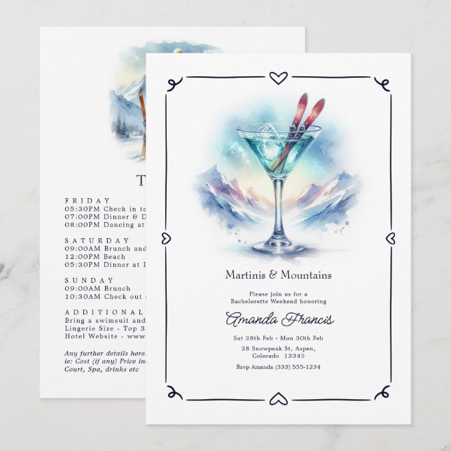 Martinis & Mountains Aspen Ski Bachelorette Invitation (Front/Back)