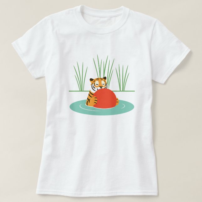 Maruay the Rescued Tiger in Lake with Ball      T-Shirt (Design Front)