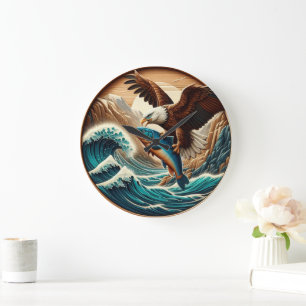Marvellous Eagle Swooping Down to Catch Fish Large Clock