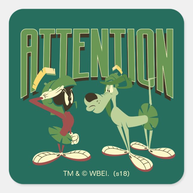 MARVIN THE MARTIAN™ & K-9 "Attention" Square Sticker (Front)