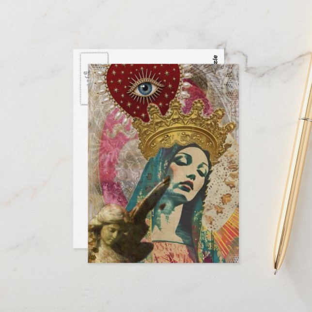 Mary and Angel Mixed Media Collage Postcard (Front/Back In Situ)