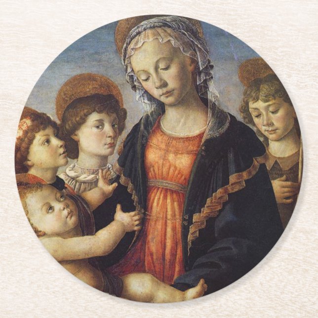 Mary and Baby Jesus With Angels Christmas Round Paper Coaster (Front)