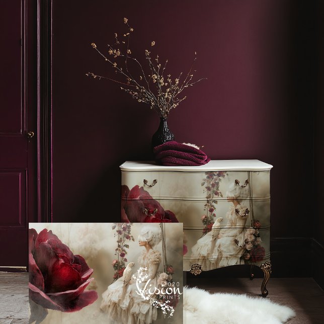 Mary Antoinette Romance Portrait Bird & Floral Tissue Paper (Mary Antoinette Romantic Ethereal Bird and Burgundy Rose Portrait Art Decoupage Tissue Paper)