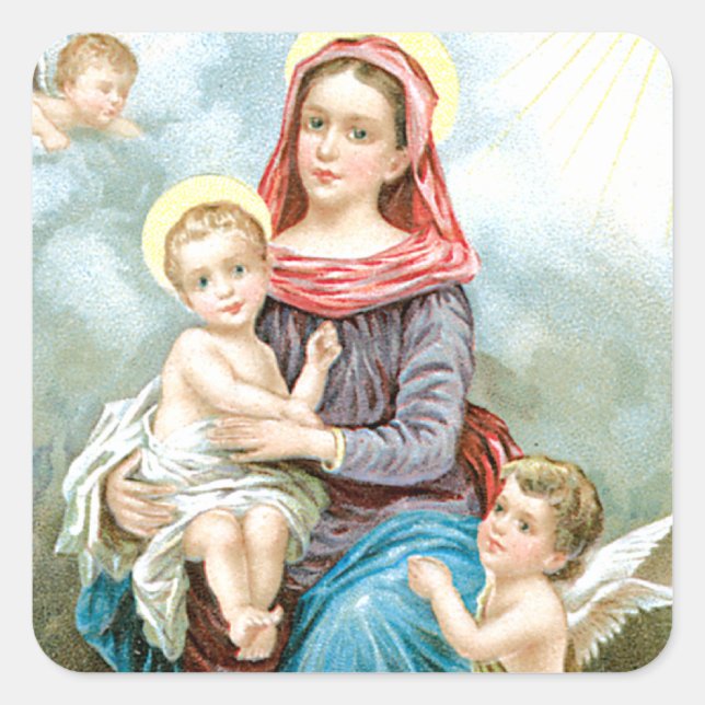 Mary Cherubs and Baby Jesus Square Sticker (Front)