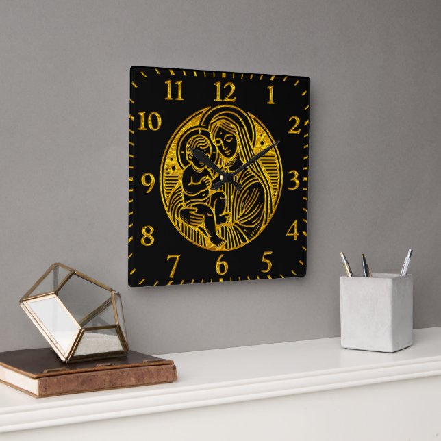 Mary Cradling The Infant Jesus Gold Square Wall Clock (Office)