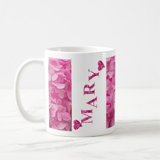 "Mary" Cute Pink Spring Floral Hearts & Lettering Coffee Mug (Left)