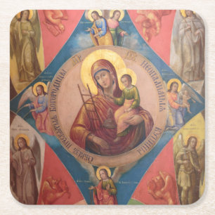 Mary, Jesus, And Angels Square Paper Coaster