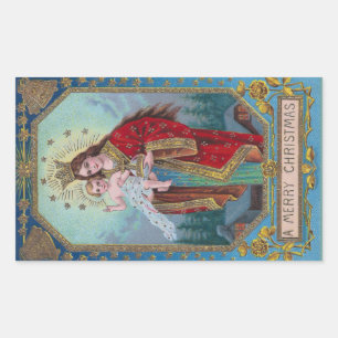 Mary, Jesus and Globus Cruciger Vintage Christmas Rectangular Sticker