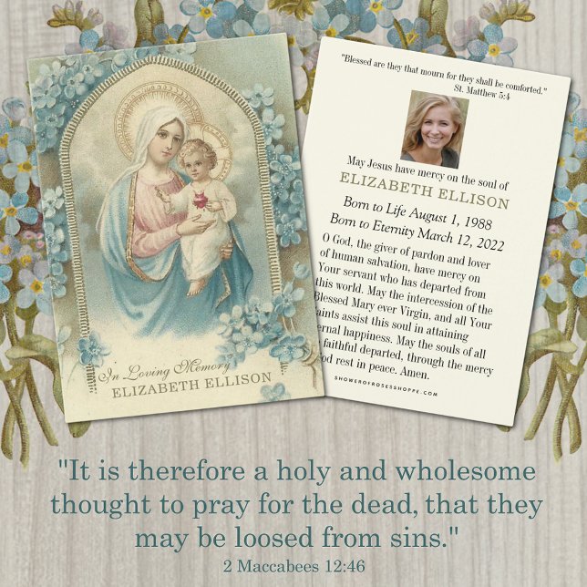 Mary Jesus Catholic Floral  Funeral Prayer Card (Traditional Catholic Funeral Virgin Mary and Jesus Prayer Memorial Cards)